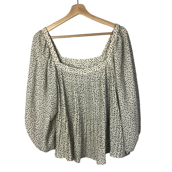 Zara Cream Spotted Polka Dot Balloon Billowy Sleeve Pleated Square Neck Blouse M - Picture 2 of 4